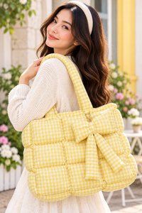 Yellow Solid Color Puffy Quilted Tote <b>Bag</b> with Chains Embroidery Zipper Closure Cotton Preppy Style <b>Travel</b> Handbag for <b>Women</b> - Product Image 3