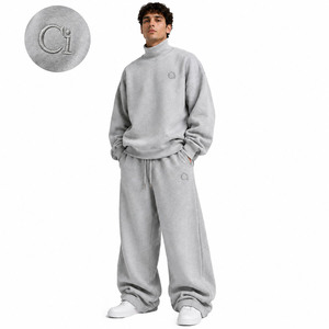 Custom Chenille Patch Embroidered Turtleneck <b>Sweatshirt</b> Men <b>Grey</b> Oversized Hoodies Baggy Joggers Heavyweight Fleece Unisex - Product Image 1