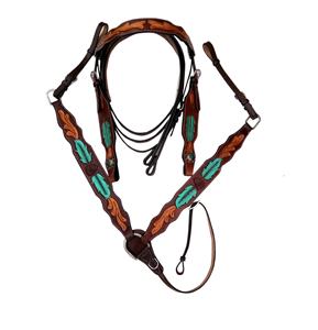 Juego de cabezada y pechera de cuero premium con diseño de hojas verdes y naranjas, estilo western, fabricado en India. - Product Image 1