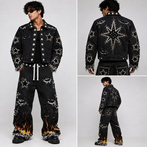 Ensemble sweat à capuche en jean noir vieilli personnalisé et jean large, avec graphiques étoiles et flammes cloutés, style streetwear Y2K, richement orné - Product Image 6