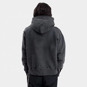 Sweat à capuche vintage délavé et vieilli pour homme, grandes tailles, sans cordons, épaules tombantes, motif brodé, coupe courte - Product Image 2