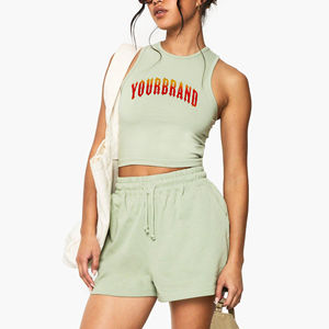 สินค้าขายดี เสื้อครอปท็อปและกางเกงขาสั้น 2 ชิ้น ผ้าฝ้าย 100% สำหรับผู้หญิง ชุดลำลองฤดูร้อน ชุดผู้หญิงคุณภาพสูง ราคาถูก - Product Image 1