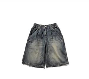 Mens Vintage Washed Denim Jean Shorts Loose Fit Streetwear Casual Elastic <b>Mid</b> Waist Summer Breathable 100% Cotton Solid Quick - Product Image 1