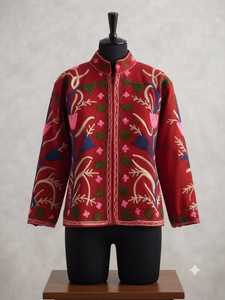 CHOHAN TEXTILE Red Embroidered Knitted Women's Quilted Jacket Ruffles Floral Pattern Stand Collar Zip-Up Coat 100% Cotton Ethnic - Product Image 5