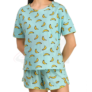 Ensemble de t-shirts à manches courtes pour femmes, imprimé banane, coupe ample, décontracté, en coton tricoté, pyjama, vêtements de printemps et d'été, col rond avec poches - Product Image 1