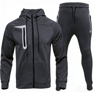 Survêtement gris foncé pour homme, manches longues, capuche, fermeture éclair, couleur unie, style sportif décontracté, coupe classique, automne, adulte - Product Image 3