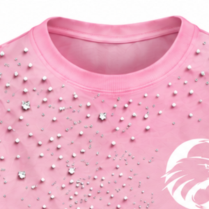Camiseta Unisex Rosa Claro con Cuentas de Perlas, Cuello Redondo, Manga Corta, Decorada con Perlas, para Ropa Urbana y Casual Diaria - Product Image 3