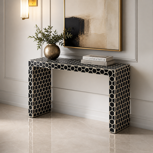 Modern Solid Wood Bone Inlay <b>Console</b> <b>Table</b> with Agate Detailing and Honeycomb Pattern for Living Room Entry <b>Storage</b> - Product Image 2