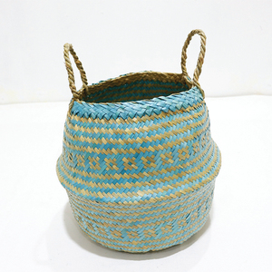 Cesta de Almacenamiento Tejida Azul con Diseño Circular de Hoja de Palma, Duradera, Plegable, con Asa, para Macetas - Product Image 4