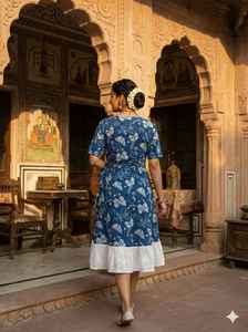 Robe d'été en coton à imprimé floral bleu fait main, à volants, col en V, style ethnique bohème, tenue artisanale indienne pour femme - Product Image 2