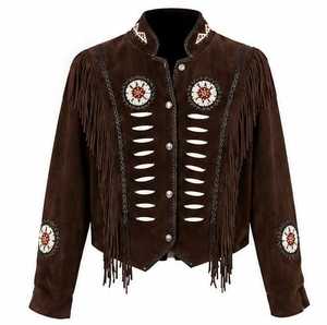 Veste à franges marron pour homme, col montant vintage, motif géométrique brodé à la main - Product Image 1