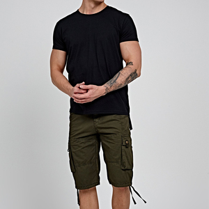 Men Olive Green Cargo Shorts Mid Waist Drawstring Closure Casual Bermuda Shorts With Side Pockets Canvas Material - Product Image 2