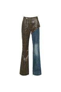 Pantalones de mezclilla de cintura alta con parches de cuero, cierre frontal con cremallera, pierna recta, para mujer - Product Image 4