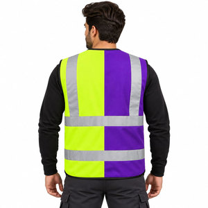 Gilet de sécurité haute visibilité violet jaune fluorescent avec fermeture éclair, vêtement de travail avec plusieurs poches et bandes réfléchissantes - Product Image 3