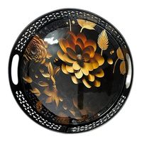 Plateau décoratif rond en métal avec motif floral doré, design Art Déco, base noire, poignée, pour la décoration de la maison, vente en gros de plateaux décoratifs