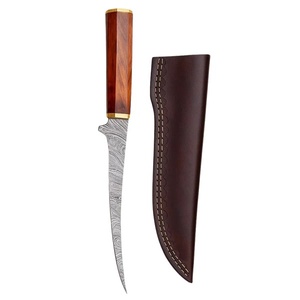 Cuchillo de filetear hecho a mano de acero de Damasco, hoja de punta curva, grado industrial, hoja fija, mango de palisandro, tapa de latón, funda de cuero - Product Image 4