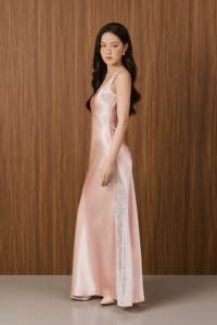 Wholesale Women Dress KD74 Elegant / Evening / Feminine Sleeveless PEARL DREAM Maxi Scoop neck Wide-Strap Silk Slip Dress - Product Image 2