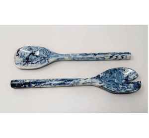 Handcrafted Beige Marbled Resin Salad Server Set | Neutral Acrylic Serving Spoon & Fork | Modern Dining Tableware & Wedding <b>Hous</b> - Product Image 6