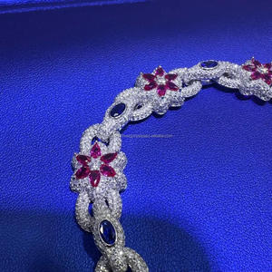 Luxury Floral Moissanite Bracelet with Ruby Red Marquise Cut Stones and Blue Oval Accents Fully <b>Iced</b> <b>Out</b> Diamond Look Jewelry - Product Image 5