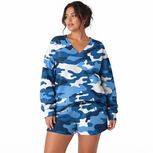 Classy Navy <b>Camouflage</b> Print V Neck Sweatshirt And Casual Elastic Waist <b>Shorts</b> 2 Piece Wholesale Loose Fit Casual Lounge Outfit - Product Image 1