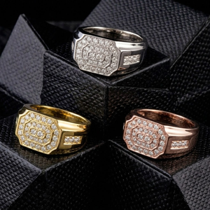 Solid 14k White Gold Natural Diamond Mens Signet Ring Octagon Geometric Pave Cluster Setting Chunky Statement Fine Jewelry - Product Image 5