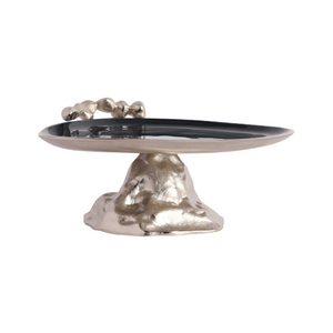 Support à gâteau en métal de luxe avec finition émail noir, bordure argentée et base texturée, plateau élégant pour la décoration de desserts à la maison - Product Image 2