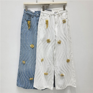 Pantalones Vaqueros de Cintura Alta y Pierna Ancha con Apliques Bordados y Decoración de Ojo Dorado, 100% Algodón para Mujer, Estilo Casual de Verano - Product Image 4