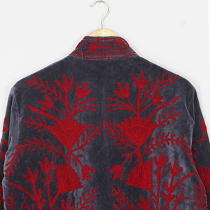 Women Velvet Embroidered <b>Jacket</b> Mandarin Collar Lantern Sleeve Floral Boho Style Autumn Coat Handmade Suzani <b>Pattern</b> - Product Image 5