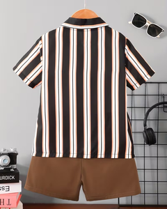 Striped Slight Stretch Quick Dry for Shirt Shorts Set Summer Casual Breathable Unisex Short Sleeve Turn-down Collar 2pcs Outfit - Product Image 2