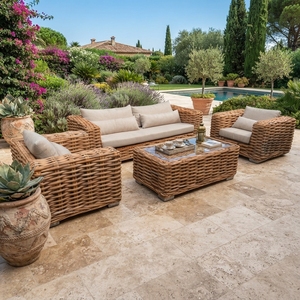 Handcrafted L Shaped Wicker Sectional <b>Sofa</b> Set Cushioned Woven <b>Rattan</b> Chaise Lounger Furniture for Outdoor Patio and Living Room - Product Image 4