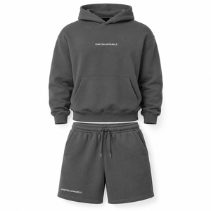 ONETEN APPARELS Unisex Hoodie Shorts Set Acid Wash Winter Gray Cotton Casual Drawstring Pocket Tracksuit Solid Color Loose - Product Image 1
