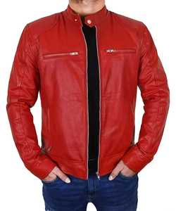 Chaqueta de Moto para Hombre, de Cuero Rojo, con Calefacción, Cuello Mao, Cierre de Cremallera, Corte Ajustado, Largo Regular, Color Sólido, Logotipo Frontal, para Invierno - Product Image 1