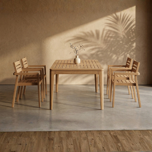 Best-Selling Modern Solid <b>Teak</b> Outdoor Dining Set for Hotels & Villas – Rectangular <b>Table</b> & 4 Slat-Design Armchairs - Product Image 1