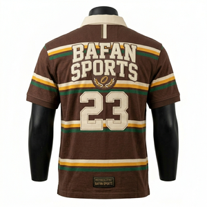 Camiseta Deportiva de Rugby para Mujer, 260 GSM, Algodón y Poliéster, Paneles a Rayas Marrón, Verde y Amarillo, Logotipo Personalizado, Camisetas de Rugby para Hombre - Product Image 4