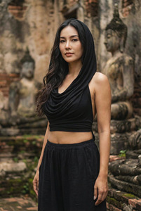 Haut court à capuche pour festival d'été, dos nu, à nouer, style bohème, col bénitier, dos ouvert, à prix de gros - Product Image 3