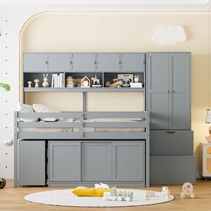 Letto a soppalco in legno a grandezza naturale per bambini con ampio spazio contenitore sotto il letto, scrivania, cassetti e scaffali, colore grigio - Product Image 3