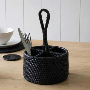 Cesta organizadora de utensilios de ratán negro, cesta para cubiertos, cesta de cocina para mesa de comedor y uso en la cocina - Product Image 1