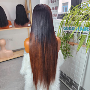 Peluca de cabello femenino liso negro con doble trama y encaje frontal HD sin pegamento, efecto ombré marrón, al por mayor - Product Image 4