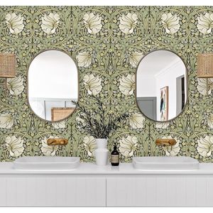 Papier peint floral vintage à coller et à décoller, motif botanique vert sauge/jaune William Morris, 17 motifs muraux pour la décoration de la maison, de la cuisine et de la chambre - Product Image 3