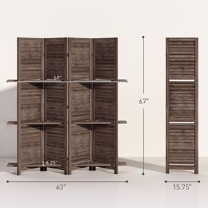 Separador de ambientes de madera de nogal de 67 pulgadas de alto con 4 paneles, 3 estantes y almacenamiento plegable para dormitorio - Product Image 3