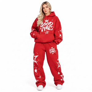 Ensemble de survêtement imprimé à épaules tombantes pour femme, style streetwear, comprenant un sweat à capuche et un pantalon de survêtement ample, en tissu épais - Product Image 2