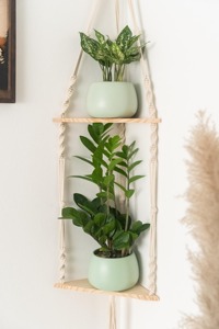 Artistic Green Macrame Wall Hanging Shelf With Wooden Base Showcase For Vases Dried Flowers And <b>Decorative</b> Pieces From India - Product Image 5