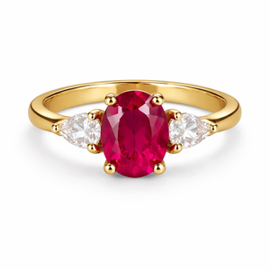 Anillo de Oro Sólido de 14K con Rubí Natural Certificado por GIA, con Tres Rubíes en Forma de Pera y Diamantes Naturales, Anillo de Compromiso, Anillo de Piedra Natal - Product Image 2