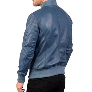 Blue <b>Leather</b> Bomber <b>Jacket</b> For step up your style game this season with our Blue <b>Leather</b> Bomber <b>Jacket</b> for Men MADE BY HAIDIIII - Product Image 4