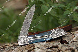 OEM Wholesale Professional Hand Engraved Damascus Steel Folding Pocket <b>Knife</b> Wood Epoxy Handle Leather Sheath Foldable Tactical - Product Image 3