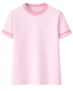 Camiseta de mujer personalizada en rosa claro con cuello y ribete de manga en rosa oscuro, informal, de manga corta, de algodón, para verano. - Product Image 1
