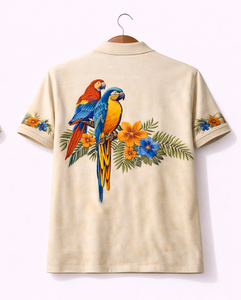 เสื้อโปโลผู้ชายลายพิมพ์นกแก้วเขตร้อน – เสื้อโปโลลำลองลายดอกไม้สไตล์วินเทจ - Product Image 4