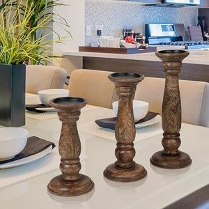 Juego de Portavelas de Madera Talladas a Mano, Estilo Rústico, Decoración de Mesa para el Hogar - Product Image 3