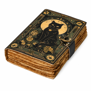 NEW ERA NEO-GM Black Cat Moon Leather Hardcover <b>Diary</b> Brass Clasp Vintage Art Design Antique Deckle Edge Sewn Binding 100 Sheets - Product Image 2