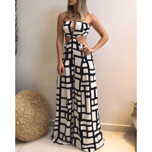 Vestido largo con estampado geométrico en blanco y negro para mujer, con espalda descubierta y detalle de lazo - Product Image 1